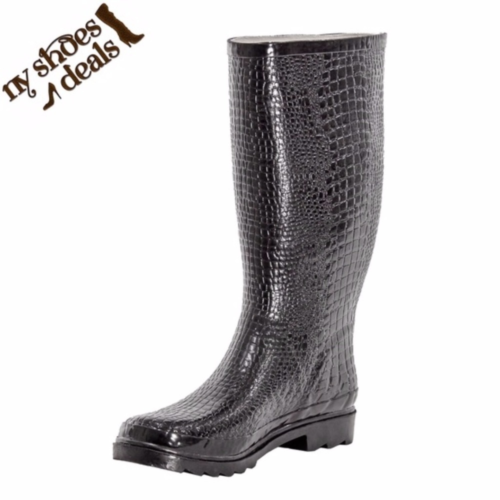 Women's Rubber Rain Boots, 14" Black Croco Garden Rainboots, NEW